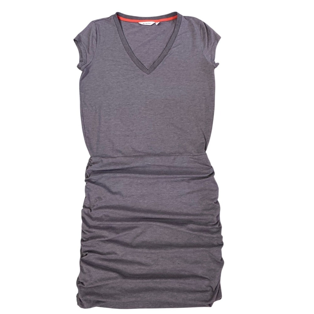 Athleta Topanga V-Neck Ruched Tee Dress S Gray Athleisure Clean Girl Sporty EUC